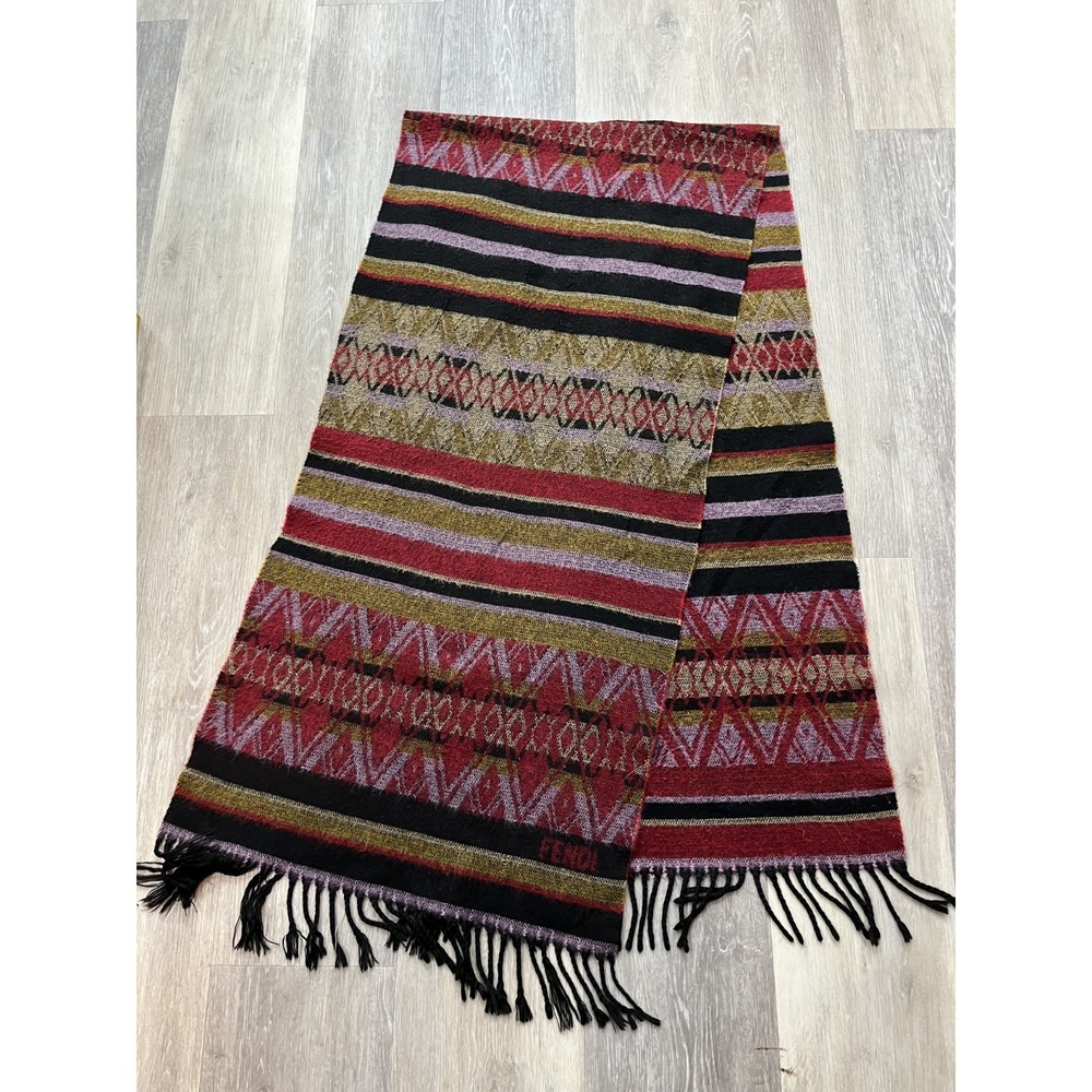 Vintage FENDI Southwestern Pattern Wool Fringe Scarf Wrap 38x18